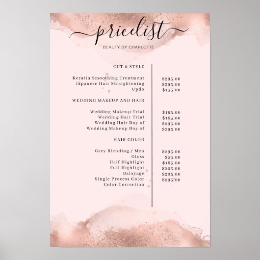 Modern Roségold Waterverf Pricelist Poster (Voorkant)