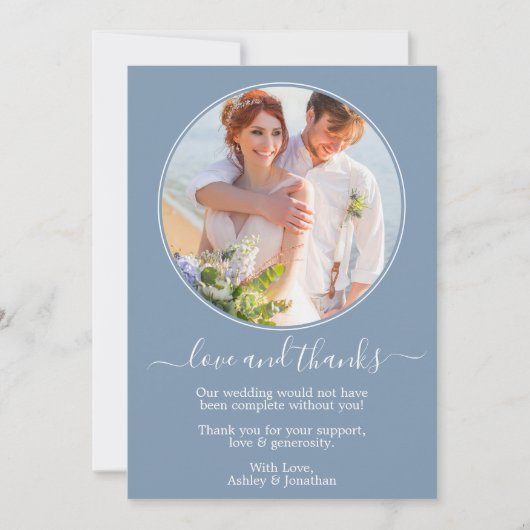 Modern Round Photo Lijst Dusty Blue Wedding Bedankkaart (Voorkant)