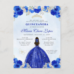 Modern Royal Blauw Goud Bloemen Prinses Quinceañer Briefkaart