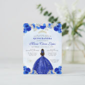 Modern Royal Blauw Goud Bloemen Prinses Quinceañer Briefkaart (Staand voorkant)