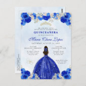 Modern Royal Blauw Goud Bloemen Prinses Quinceañer Briefkaart (Voorkant / Achterkant)