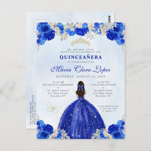 Modern Royal Blauw Goud Bloemen Prinses Quinceañer Briefkaart (Voorkant / Achterkant)