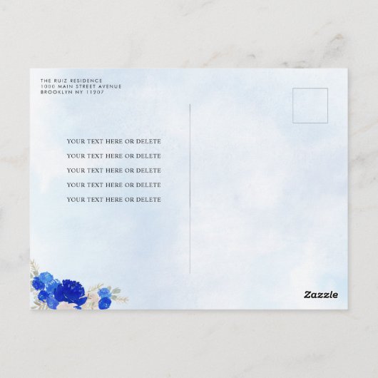 Modern Royal Blauw Goud Bloemen Prinses Quinceañer Briefkaart (Achterkant)