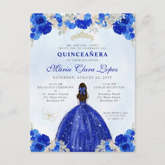 Modern Royal Blauw Goud Bloemen Prinses Quinceañer Briefkaart (Voorkant)