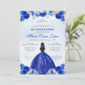 Modern Royal Blauw Goud Bloemen Prinses Quinceañer Kaart (Staand voorkant)
