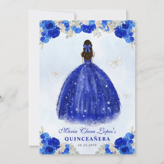 Modern Royal Blauw Goud Bloemen Prinses Quinceañer Kaart (Achterkant)