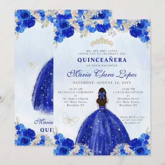 Modern Royal Blauw Goud Bloemen Prinses Quinceañer Kaart (Voorkant / Achterkant)