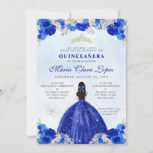 Modern Royal Blauw Goud Bloemen Prinses Quinceañer Kaart