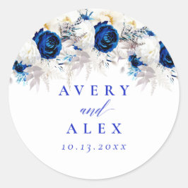 Modern Royal Blauw & Wit Bloemen bruiloft Ronde Sticker
