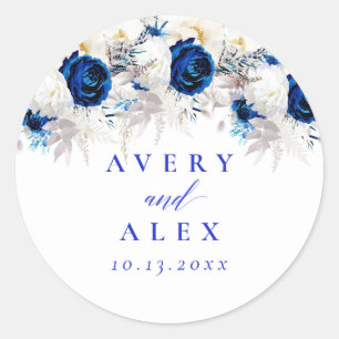 Modern Royal Blauw & Wit Bloemen bruiloft Ronde Sticker