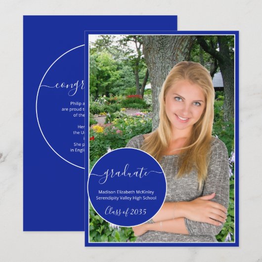 Modern Royal Blue Circle Foto Afstuderen Aankondiging (Voorkant / Achterkant)