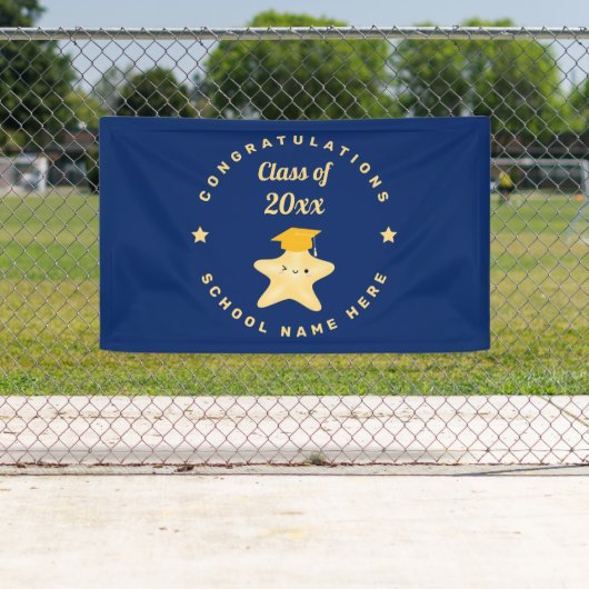 Modern Royal Blue en Gold Afstuderen Star Spandoek (Insitu)