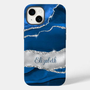 Modern Royal Blue en Silver Agaat Monogram Case-Mate iPhone 14 Hoesje