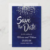 Modern Royal Blue en Silver Confetti Save The Date (Voorkant)