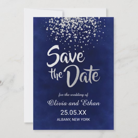 Modern Royal Blue en Silver Confetti Save The Date (Voorkant)