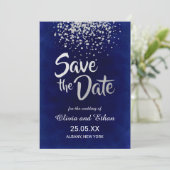 Modern Royal Blue en Silver Confetti Save The Date (Staand voorkant)