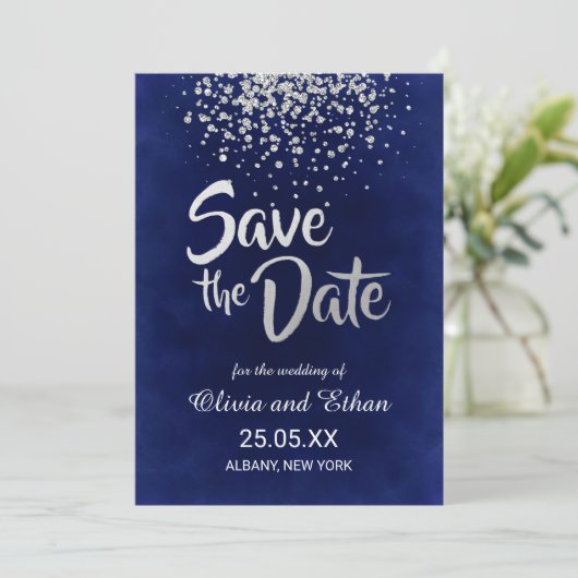 Modern Royal Blue en Silver Confetti Save The Date (Staand voorkant)