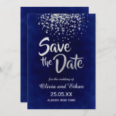 Modern Royal Blue en Silver Confetti Save The Date (Voorkant / Achterkant)