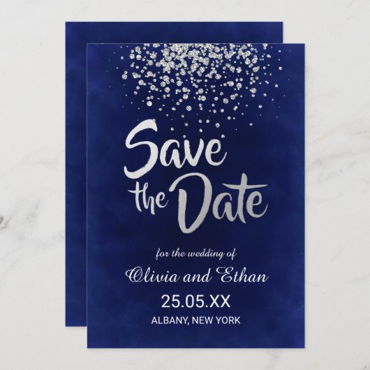 Modern Royal Blue en Silver Confetti Save The Date (Voorkant / Achterkant)