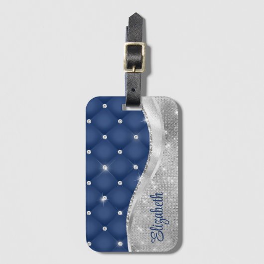 Modern Royal Blue en Silver Glitter Monogram Bagagelabel (Voorkant (verticaal))