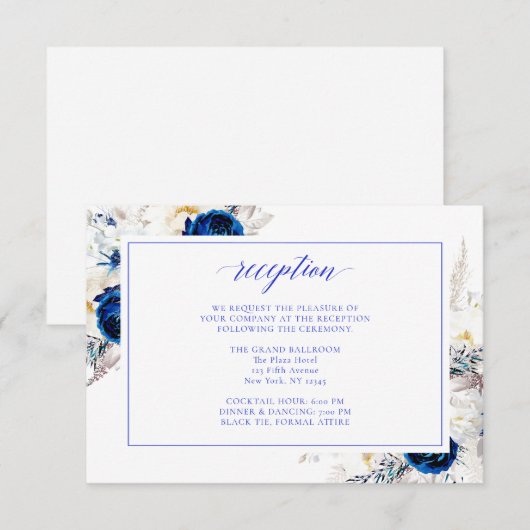 Modern Royal Blue Floral bruiloft receptie Kaart (Voorkant / Achterkant)