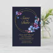 Modern Royal Blue Floral Save the Date Kaart (Staand voorkant)