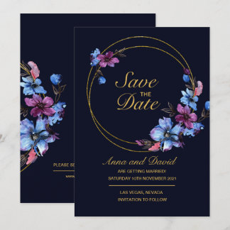 Modern Royal Blue Floral Save the Date Kaart