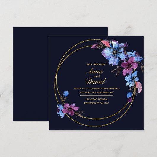 Modern Royal Blue Floral Wedding Invitation Kaart (Voorkant / Achterkant)