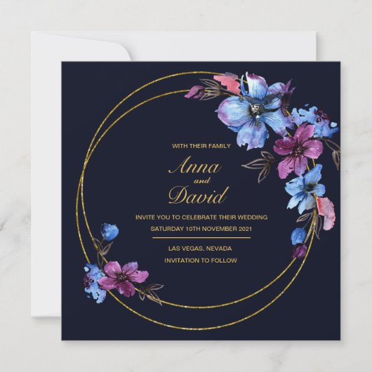 Modern Royal Blue Floral Wedding Invitation Kaart (Voorkant)
