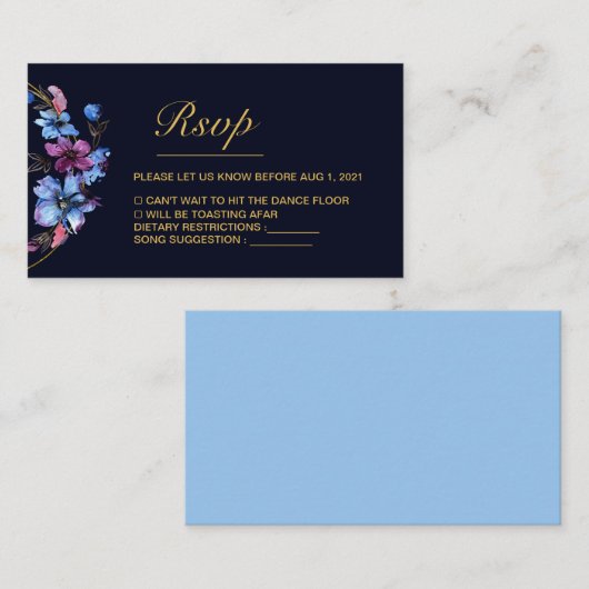 Modern Royal Blue Floral Wedding RSVP Card Informatiekaartje (Voorkant / Achterkant)
