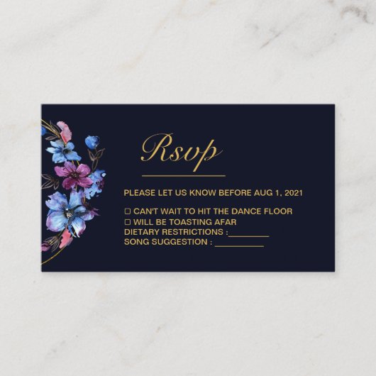 Modern Royal Blue Floral Wedding RSVP Card Informatiekaartje (Voorkant)