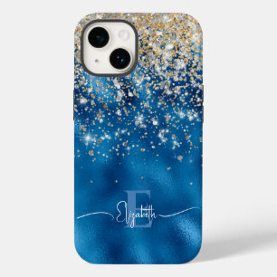 Modern Royal Blue Folie Gold Faux Glitter Monogram Case-Mate iPhone 14 Hoesje