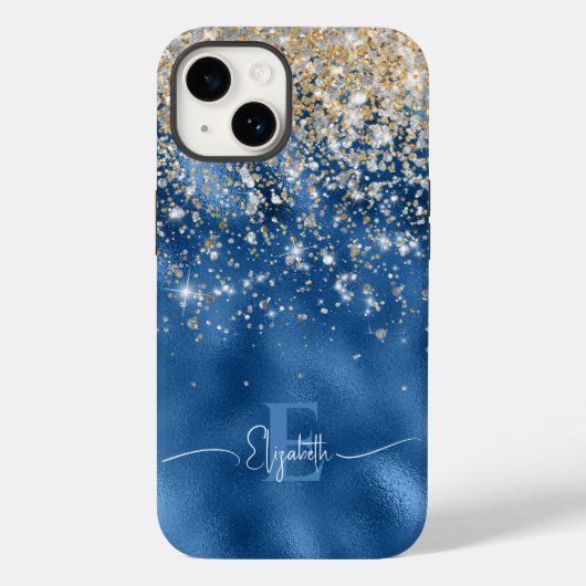 Modern Royal Blue Folie Gold Faux Glitter Monogram Case-Mate iPhone Case (Achterkant)