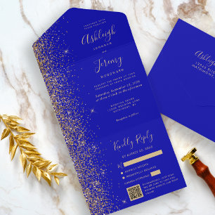 Modern Royal Blue Glitter QR Code Weddenschap All In One Uitnodiging