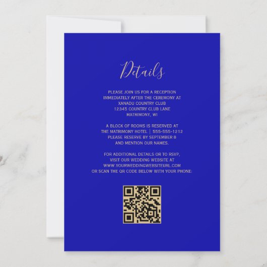Modern Royal Blue Glitter QR Code Weddenschap Kaart (Achterkant)