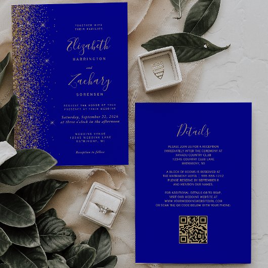 Modern Royal Blue Glitter QR Code Weddenschap Kaart