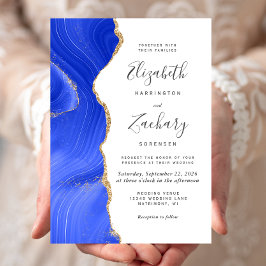 Modern Royal Blue Gold Agate Wedding Kaart