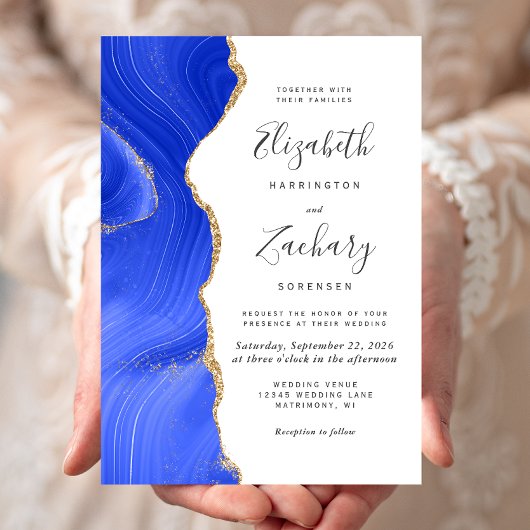 Modern Royal Blue Gold Agate Wedding Kaart