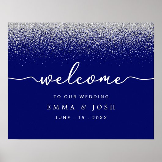 Modern Royal Blue met Silver Glitter Wedding Poster (Voorkant)