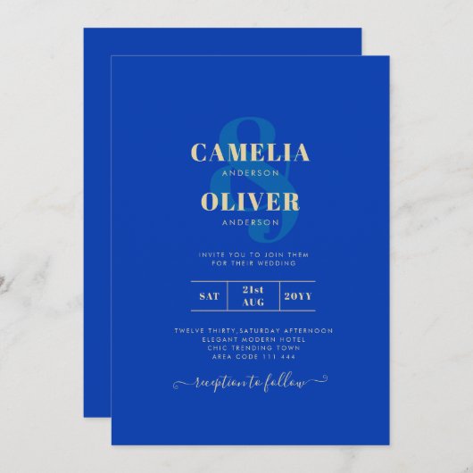 Modern Royal Blue Monochrome Wedding INVITE Kaart (Voorkant / Achterkant)