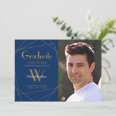 Modern Royal Blue Photo Monogram Afstuderen Aankondiging (Staand voorkant)