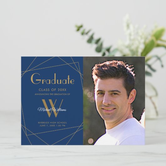 Modern Royal Blue Photo Monogram Afstuderen Aankondiging (Staand voorkant)