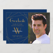 Modern Royal Blue Photo Monogram Afstuderen Aankondiging (Voorkant / Achterkant)