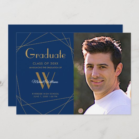 Modern Royal Blue Photo Monogram Afstuderen Aankondiging (Voorkant / Achterkant)