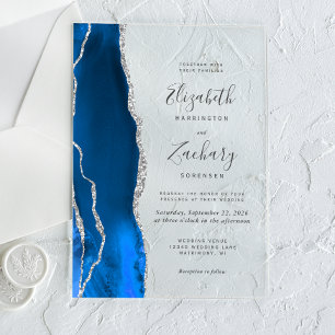 Modern Royal Blue Silver Agate Wedding Acryl Uitnodigingen
