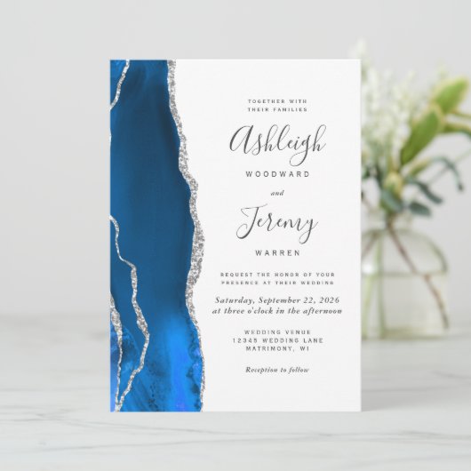 Modern Royal Blue Silver Agate Wedding Kaart (Staand voorkant)