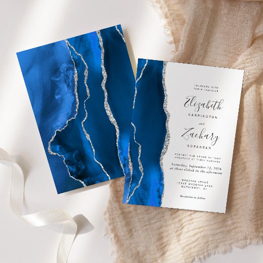 Modern Royal Blue Silver Agate Wedding Kaart