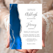Modern Royal Blue Silver Agate Wedding Kaart