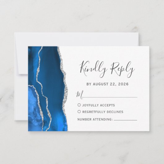 Modern Royal Blue Silver Agate Wedding RSVP (Voorkant)