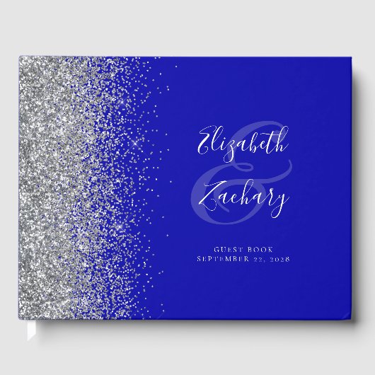 Modern Royal Blue Silver Glitter Script Gastenboek (Voorkant)
